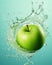 Explosive Refreshment: Captivating Water Splash on a Crisp Green Apple - A Symbol of Health & Vitality