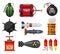 Explosives, bomb, fuse ball, dynamite and grenades