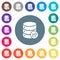 Export database flat white icons on round color backgrounds