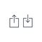 Export and import file icons. Upload, download sign. Share document symbol. Interface button. Element for design mobile app or