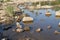 Exposed parched riverbed of the Elbe River in Magdeburg during severe drought in summer