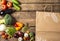 Exposition of fresh organic vegetables on wooden table. tomato, pepper, broccoli, onion, garlic, cucumber,  eggplant, black Eyed P