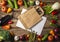 Exposition of fresh organic vegetables on wooden table. tomato, pepper, broccoli, onion, garlic, cucumber,  eggplant, black Eyed P