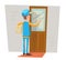 Express Courier Special Delivery Boy Man Messenger Cardboard Box Concept Knocking at Customer Door Wall Background Retro
