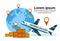 Express delivery airplane transport world map geo tag box parcel background international transportation shipping