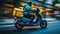 Express Delivery: Courier Speeding Through Urban Streets on a Motorcycle, Generative AI