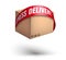 Express delivery of goods. Cardboard box descends on a red tape like a parachute. Fast food and mail delivery. Transportation from