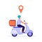 Express delivery illustration. Man courier riding scooter with parcel and a red GPS dot.