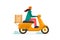 Express delivery service female courier on moped. Online fast logistic woman on motor scooter with orders parcel box