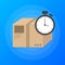 Express delivery service logo. Fast time delivery parcel with stopwatch on blue background. Vector illustration.