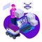 Express home delivery. Courier gives the woman a box. Shopping online. Free shipping, 24 hour delivery. Flat 3d vector