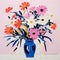 Expressionistic Bouquet: Flowers In A Blue Vase On Pink Background