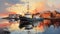 Expressionistic Seaport: Boat Painting At Sunset