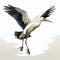 Expressive Character Design: White Stork Flying Over White Ground