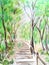 Expressive colorful handdrawn trees near the forest. Color pencil drawing