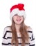 Expressive emotional girl in a Christmas hat on white background