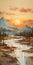 Expressive Landscape Painting: Sunset Mountains Over River