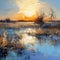 Expressive Landscape Sunset On Frozen Lake - Impressionism Painting