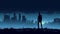 Expressive Manga Style: Silhouette Of A Man Under City Skyline At Night