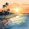 Expressive Sunset Illustration: Beach, Palm Trees, Calm Waters