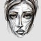 Expressive Texture: Woman\\\'s Face Illustration With Ritualistic Masks