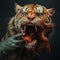 Expressive Tiger Holding Fish: Aggressive Digital Illustration With Zombiecore Influence