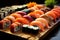 Exquisite Assortment of Freshly Made Sushi Rolls and Delicacies in a Cozy Cafe Setting