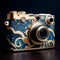 Exquisite Blue And Gold Camera With Intricate Animalistic Design