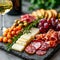 An exquisite board of starters with cold meats, cheeses, fruit and crackers Accompanied by a glass of wine. AI generative
