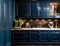 Exquisite dark blue English country style in-frame kitchen. Generative AI