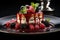 Exquisite dessert on a large black plate with caramel and fresh berries. Restaurant food concept. Generated by