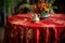 Exquisite Embroidery: A Close-Up of Vibrant Red Silk Tablecloth