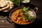 Exquisite fusion Indian butter chicken in black bowl on rustic wooden table