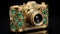 Exquisite Gold Camera With Intricate Green Detail And Fairytale-inspired Design