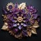 Exquisite gold and silver flower with purple leaves in a layered composition