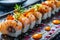 Exquisite Gourmet Sushi Platter with Salmon Roe and Shrimp on Elegant Dark Background for Culinary Delights