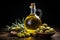 Exquisite Green Olives and Artisanal Olive Oil in an Enchanting Low-Light Presentation