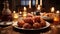 An exquisite Hanukkah feast is laid out on a beautifully set table, featuring traditional dishes like potato latkes and sufganiyot