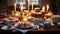 An exquisite Hanukkah feast is laid out on a beautifully set table, featuring traditional dishes like potato latkes and sufganiyot