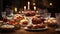 An exquisite Hanukkah feast is laid out on a beautifully set table, featuring traditional dishes like potato latkes and sufganiyot