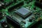 An exquisite hyperrealistic image showcases a green motherboard at 30 degrees