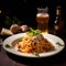 Exquisite Lighting: Spaghetti On A Plate And Beer On The Table