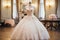 Exquisite luxury bridal dresses on hangers in boutique salon for white wedding dresses