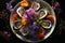 Exquisite oysters platter with colorful floral decor - top down view at fine dining restaurant