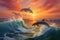 An exquisite painting capturing the beauty and agility of dolphins as they leap gracefully out of the water, A pod of dolphins