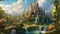 An exquisite painting capturing the essence of a castle nestled in the heart of a serene forest, An enchanting kingdom in a