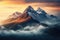 An exquisite painting capturing the majesty of a mountain, set against a backdrop of fluffy clouds, A misty mountain range with