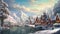 An exquisite painting capturing the serene beauty of a snowy village nestled by a shimmering lake., A snow-covered village with