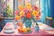 An exquisite painting capturing a vibrant vase of flowers sitting on a table, Colorful and bright painting of a brunch setting for