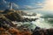 An exquisite painting depicting a lighthouse standing tall and proud amidst the rugged beauty of a rocky coast., A rugged
